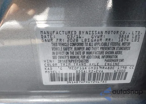 2016 Nissan Sentra Sr from USA, damaged, VIN 3N1AB7APXGY246785